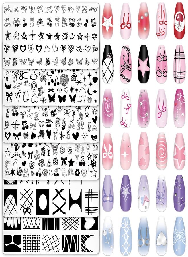 Whaline 6Pcs Coquette Nail Plates Stamping Set Bow Cherry Heart Stamp Templates Nail Art Plates for DIY Print Manicure Salon Design - Image 1
